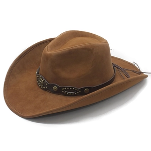 Detail of western cowboy hat with brown leather band, metallic studs and bull head logo