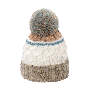 Three-tone cable knit beanie with pom-pom and thick lining for winter warmth