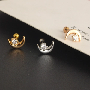 Star and moon zircon stainless steel helix earrings in gold, silver and rose gold