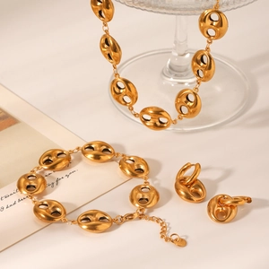 Parure de bijoux en acier inoxydable plaqué or 18K avec design maillons grain de café