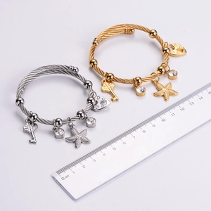 Detail of twisted stainless steel bracelets with starfish and heart lock charms