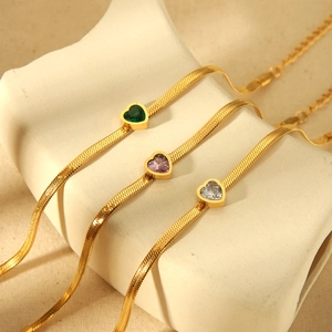 Stainless Steel Heart Zircon Flat Snake Chain Bracelet Gold Plated Waterproof Fashion Jewelry For Women