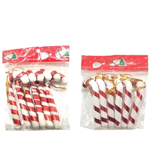 Detail view of 7cm and 10cm red and white striped Christmas candy cane hanging ornaments