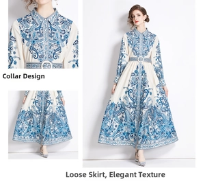 Détails du col à revers et de l'ourlet fluide sur robe longue à motif paisley