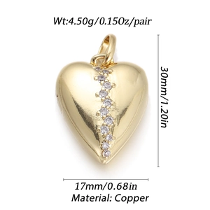Detailed view of 18K gold-plated copper heart pendant with zircon inlay and dimensions