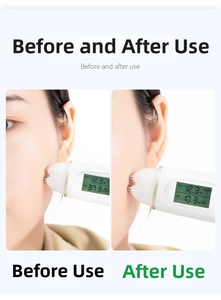 Close-up of skin oil tester display showing moisture and oil levels before and after use