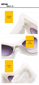 Dettagli degli occhiali da sole cat-eye con pelliccia bianca e lenti viola sfumate