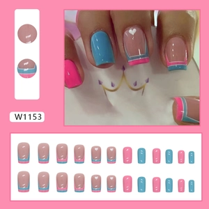 French press-on nails set with red and blue heart designs in square shape