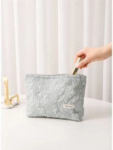 Floral embossed light green cosmetic bag with zipper and high capacity storage