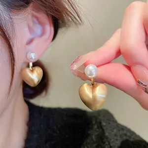 Heart Dangle Earrings With 925 Sterling Silver Earring Post Matte Gold Brushed Metal Artificial Pearl French Elegant Style Women Accessory
