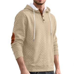 Sweat à capuche en tricot gaufré kaki pour homme avec col boutonné et coudières