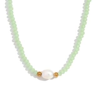 Chic beaded necklace with mint green faceted crystals and a central white freshwater pearl