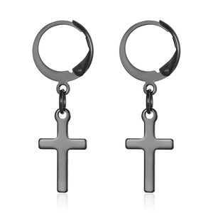 Boucles d'oreilles créoles noires en acier inoxydable avec pendentif croix simple