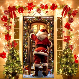 Outdoor Christmas door banner featuring Santa Claus climbing ladder on a festive red hanging