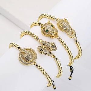 Panther Head Charm Bracelet Copper 18K Gold Plated CZ Micro Pave Adjustable Braided Cord Punk Hip Hop Fashion Jewelry