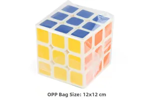 3x3 puzzle cube in transparent OPP bag packaging showing size 12x12cm on white background