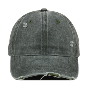 Distressed dark grey washed baseball cap with frayed edges and vintage rip details