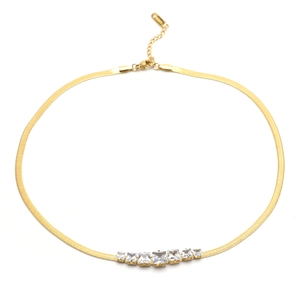 Light luxury gold snake chain necklace with five square clear gemstones and lobster clasp