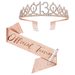 Detail of 13th birthday rose gold rhinestone tiara with pink Official Teenager sash and pin