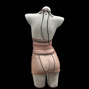 Pink sheer mesh halter lingerie dress with black tie-back straps on mannequin