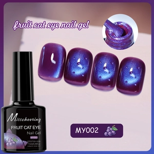 Close-up of MY002 fruit cat eye nail gel showing deep grape purple with blue magnetic glow