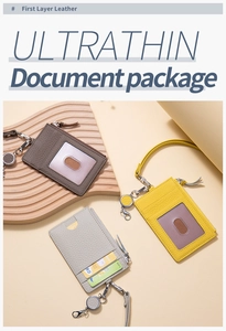 Three ultra-thin genuine leather card holders in brown, gray, and yellow with lanyards