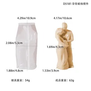 Detailed view of pregnant couple silicone mold and resin candle with product dimensions