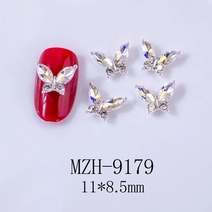 Macro view of butterfly alloy nail charms with rhinestones and size details 11x8.5mm
