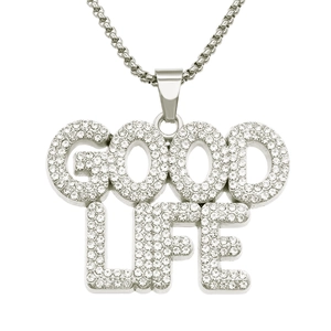 Close-up of silver-tone GOOD LIFE pendant with full rhinestone paving on box chain