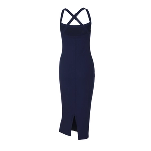 Detail of navy blue ribbed knit dress showing criss-cross back straps and rear slit hem