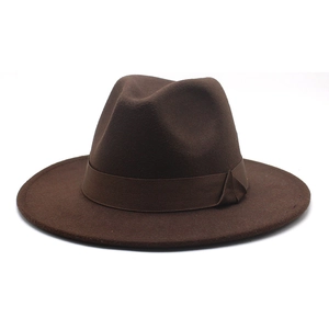 Detailed view of coffee wool fedora hat with matching grosgrain ribbon and classic crown