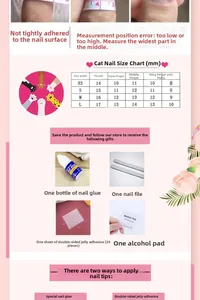 Size chart for press-on nails showing XS to L measurements and accessory tool kit details