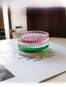 Dettaglio di sottopiatti per candele in vetro con bordo a coste in rosa, verde e ambra