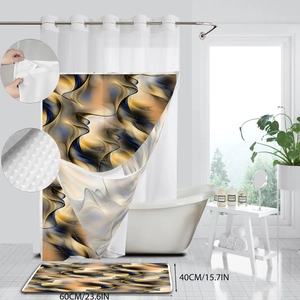 Detail of fluid print shower curtain and 60x40cm non-slip bath mat set in bathroom