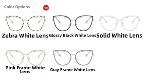 Detail view of cat eye metal eyeglass frames in five colors including zebra and black