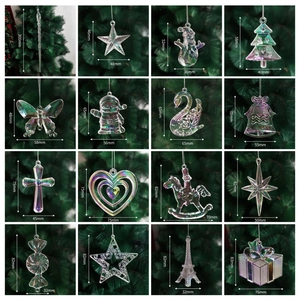 Detailed size grid of clear acrylic holiday ornaments on green pine branches