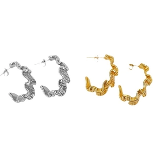 Irregular wavy pleated stainless steel hoop earrings in gold and silver finish