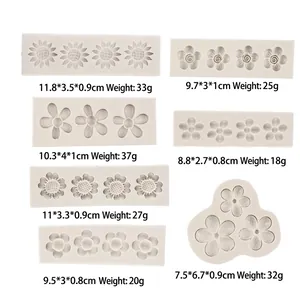 7 Assorted flower silicone fondant molds for cake decor, including daisies and sunflowers