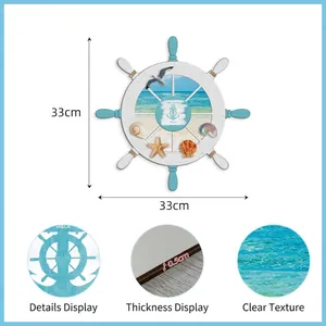 Mediterranean wooden ship wheel wall decor with blue beach scene and sea shells, 33x33cm