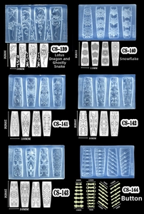Detailed views of translucent silicone nail art molds with floral and dragon patterns