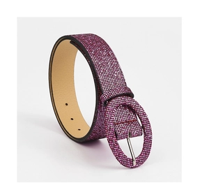 Detail showing glittery rose pink belt with crystal rhinestones and oval buckle