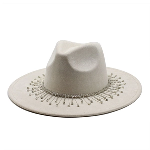 Chic beige wide brim bridal fedora with sparkling diamond tassel and silver chain trim