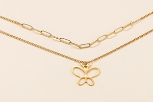 Detail of gold double-layer necklace with paperclip chain and hollow butterfly pendant