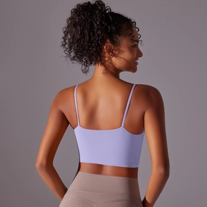 Detail of lavender high-impact sports bra with thin straps and sleek back design