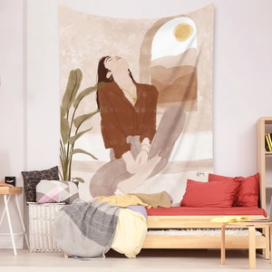 Macro detail of Bohemian tapestry featuring a modern woman illustration on a warm bedroom wall