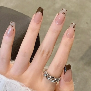 French Leopard Print Press On Nails ABS Long Coffin False Finger Nails Glossy Elegant Manicure