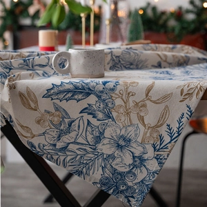 Blue pine branch printed Christmas tablecloth made of premium cotton linen fabric