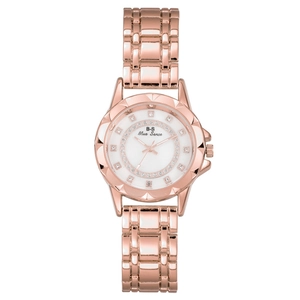 Elegant rose gold women watch with crystal bezel and white pearl dial on white background