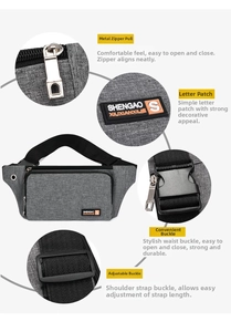 Close-up of durable gray Oxford fabric sports fanny pack with metal zippers and quick-release buckle