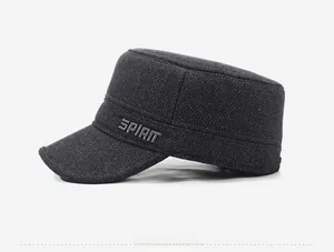Side view of dark gray men's winter military cap with SPIRIT embroidery and wool texture